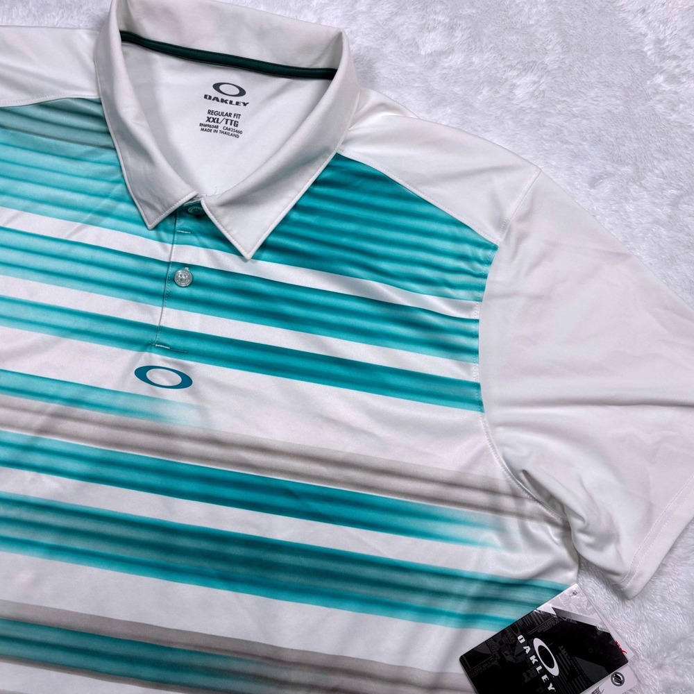 Oakley Polo Shirt Men XXL White Teal Stripe Performance UV Wicking Hydrolix Golf